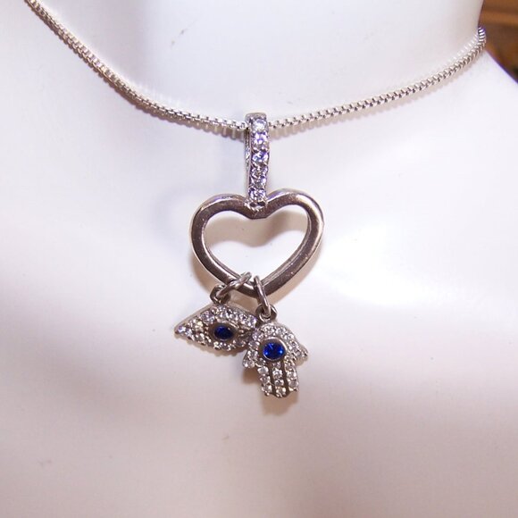 Sterling Silver Cubic Zirconia Heart Pendant with Evil Eye and Hamsa Charms - Picture 3 of 7